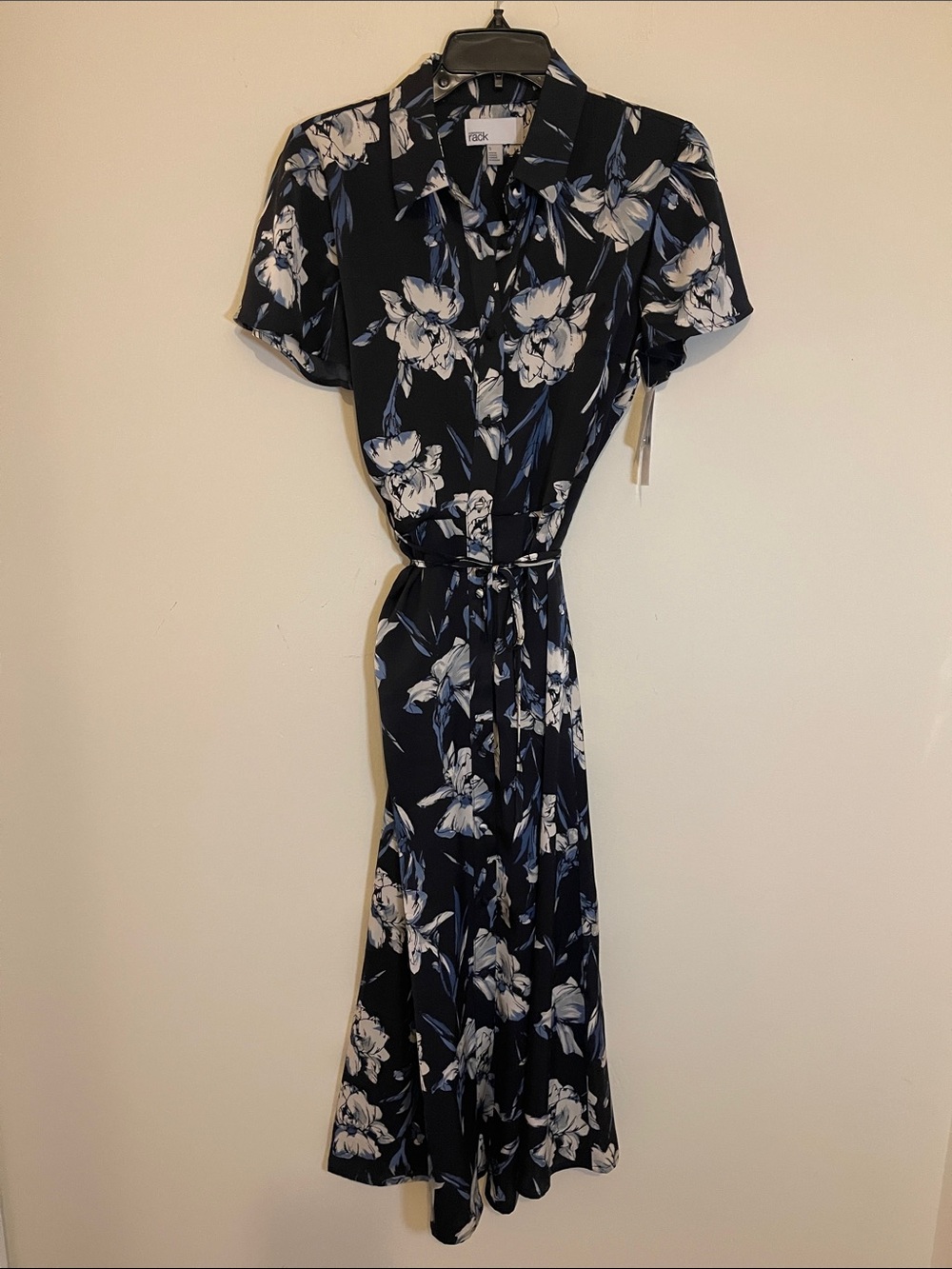 Nordstrom Navy Blue Floral Silky Dress with false wrap around look. W/ pockets